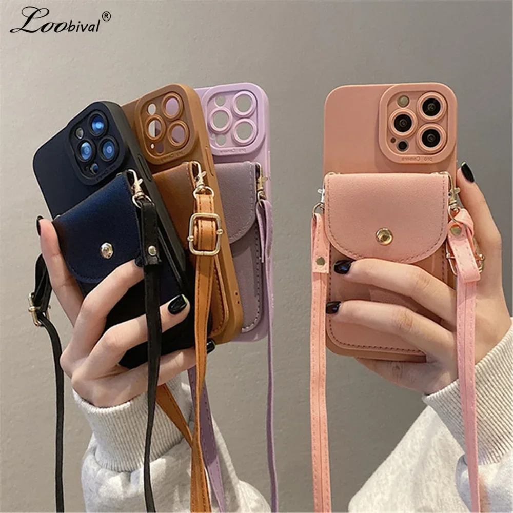 Luxury Card Bag Crossbody Case for iPhone 14Pro 11 12 13 14 15 16 Pro Max XS XR X 7 8 Plus Long Rope Retro Wallet Lanyard Cover