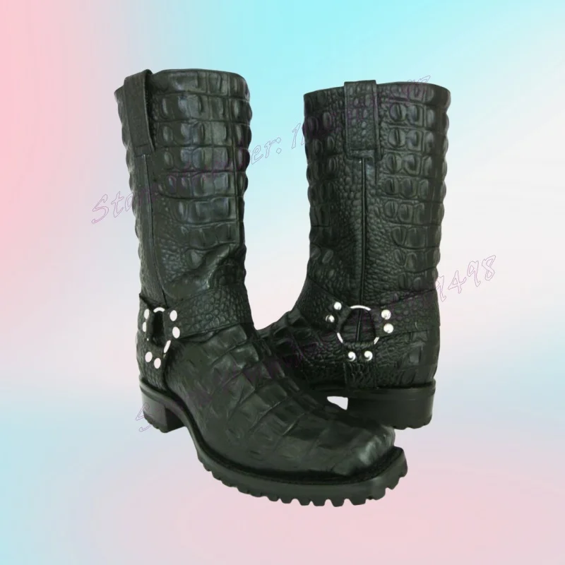 Brązowe męskie botki z dekoracją ze skóry krokodyla, okrągły nosek, pasek z klamrą, buty do połowy łydki w stylu runway, zapatos para hombres.