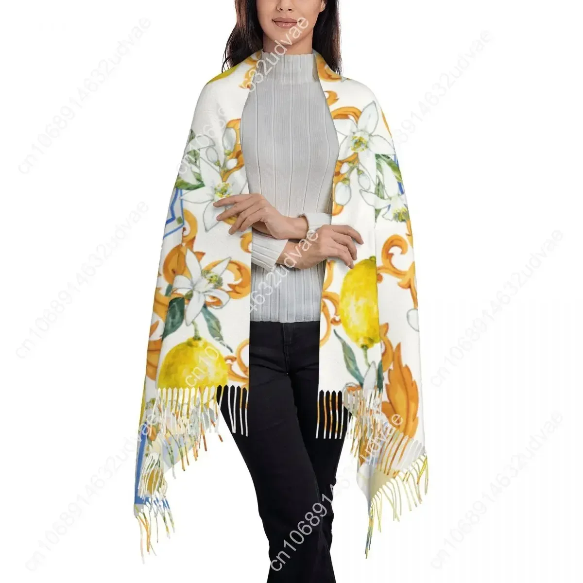 Bufanda de invierno con flores de limón para mujer, chales de envoltura fina, bufandas cálidas con borlas, monogramos dorados, Bufanda peluda, estola