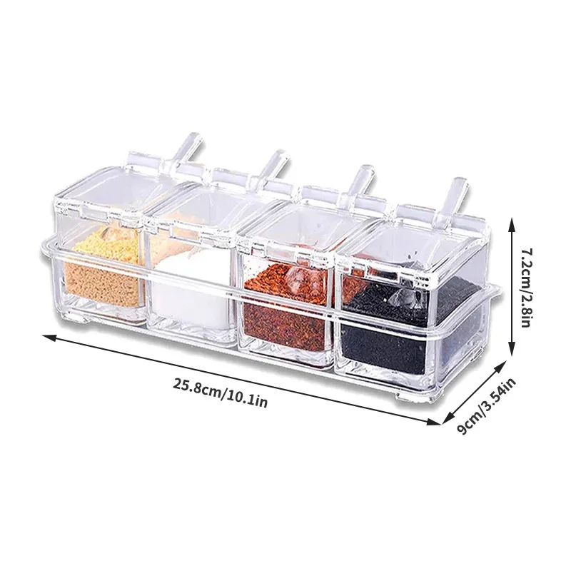 4Pcs Clear Acrylic Seasoning Box Kitchen Storage Container Condiment Jars With Lid And Spoon Set