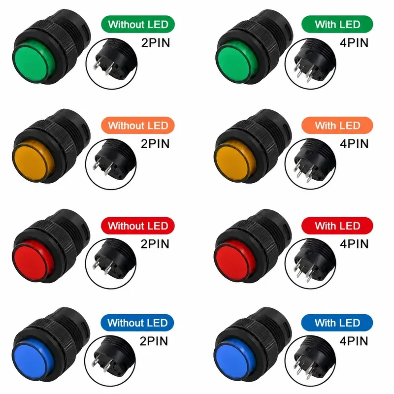 4/8/16PCS Reset Self-Locking Switch R16-503AD/BD Push Button Switch Round 4Pin 2Pin 16MM Switch with Light LED 3V