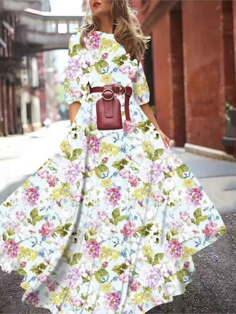 여성 패션 인쇄 편안한 캐주얼 드레스 여름 우아한 슬림 지능형 스타일 중반 허리 통근 라운드 넥 롱 스커트