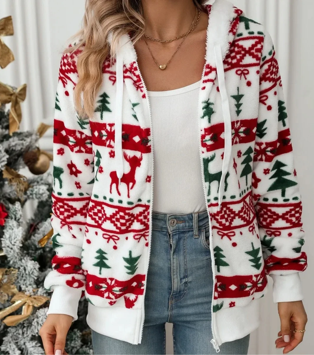 

New European/american Women's Autumn/winter Fleece Jacket Long Sleeve Cardigan Amazon Christmas Printing Plaid Coat