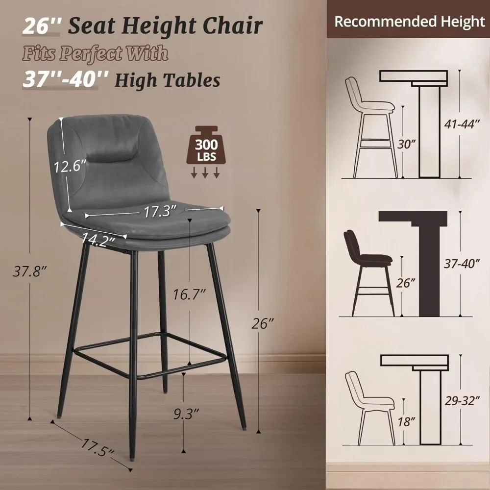 26 Inch Bar Stools Set of 4, Double-Layer Upholstered Counter Height Bar Stools, Faux Leather Barstools, Chairs