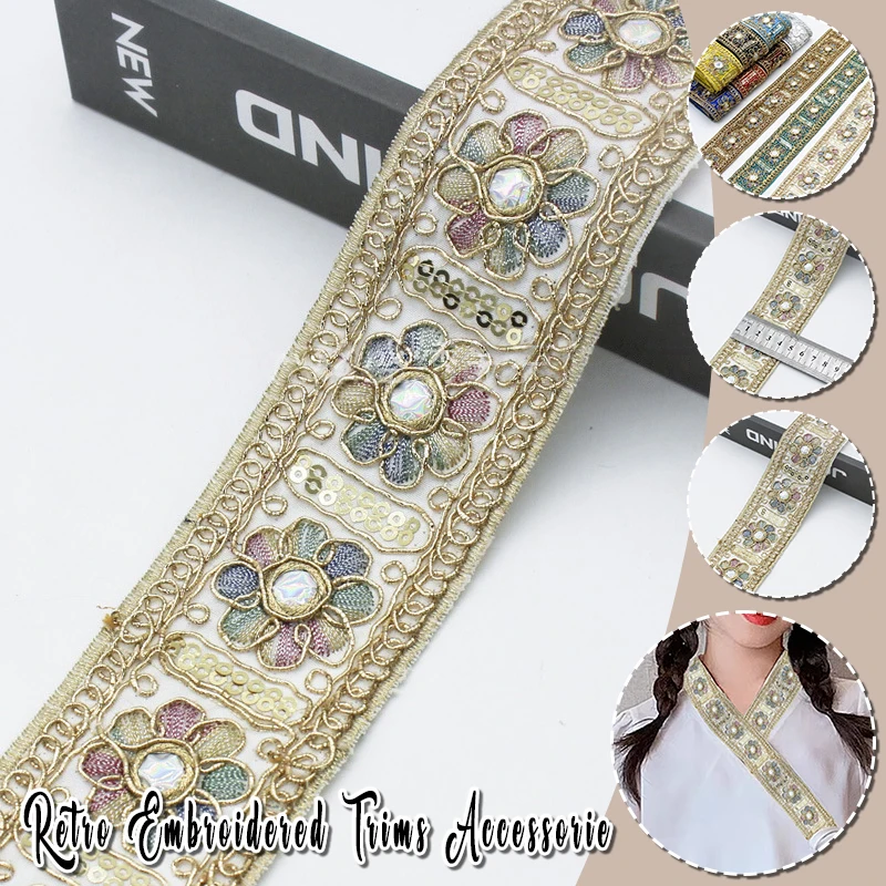 

5yards Ethnic Gold Thread Sequins Lace Trims DIY Sewing Hanfu Dress Decoration Embroidered Fabric Garment Trimming Ribbon
