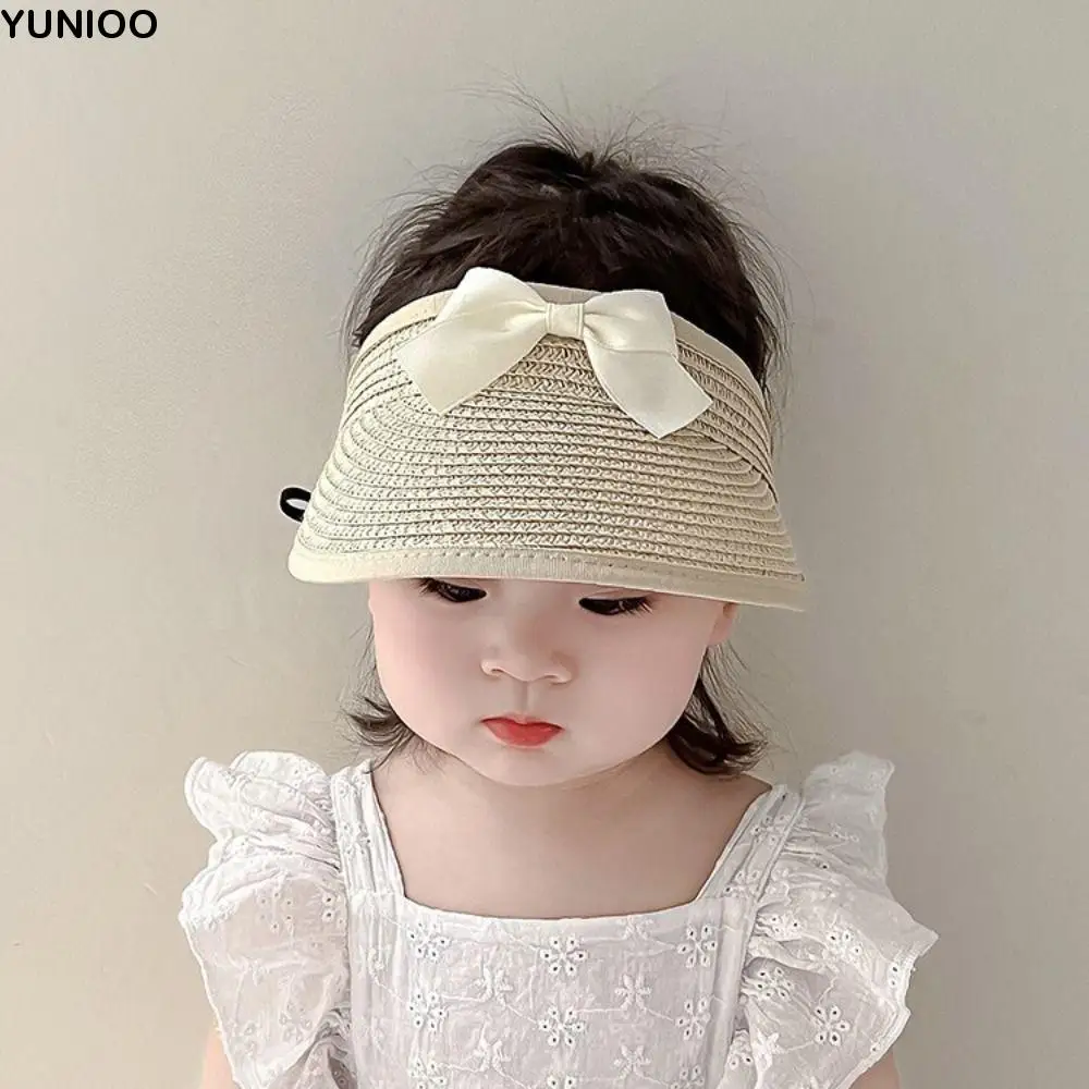 

Fashion Korean Baby Straw Caps Anti-UV Empty Top Bow Straw Hat Wide Brim Sun Protection Visor Cap Summer