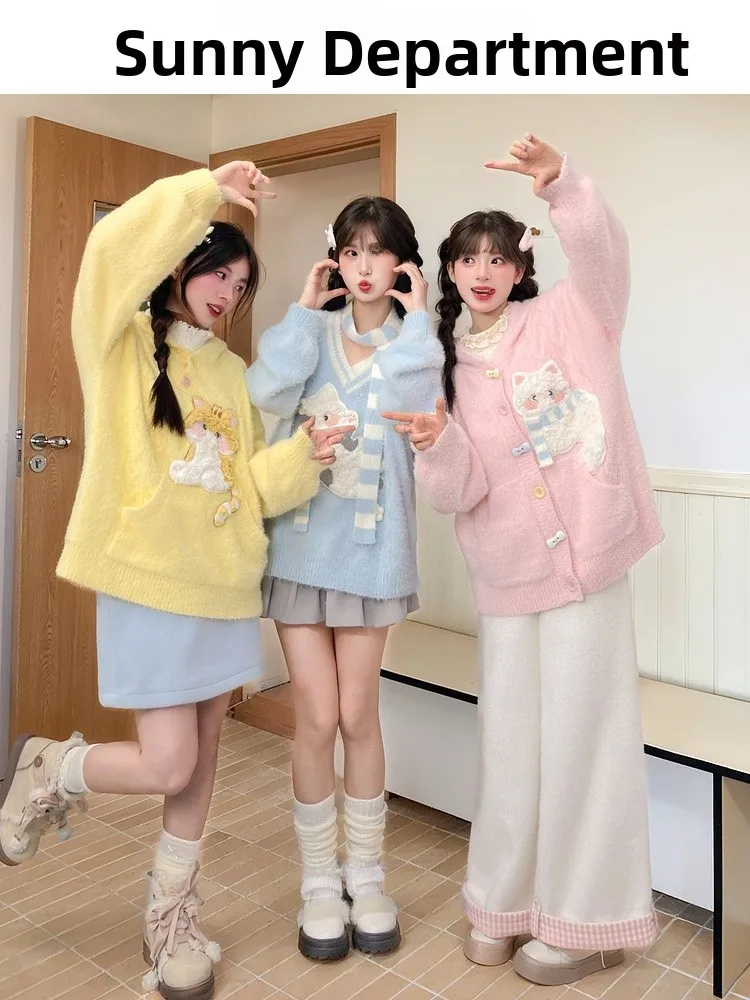 

Нежный розовый вязаный кардиган с капюшоном для женщин, новинка осени 2026, повседневный свободный свитер на пуговицах с длинными рукавами