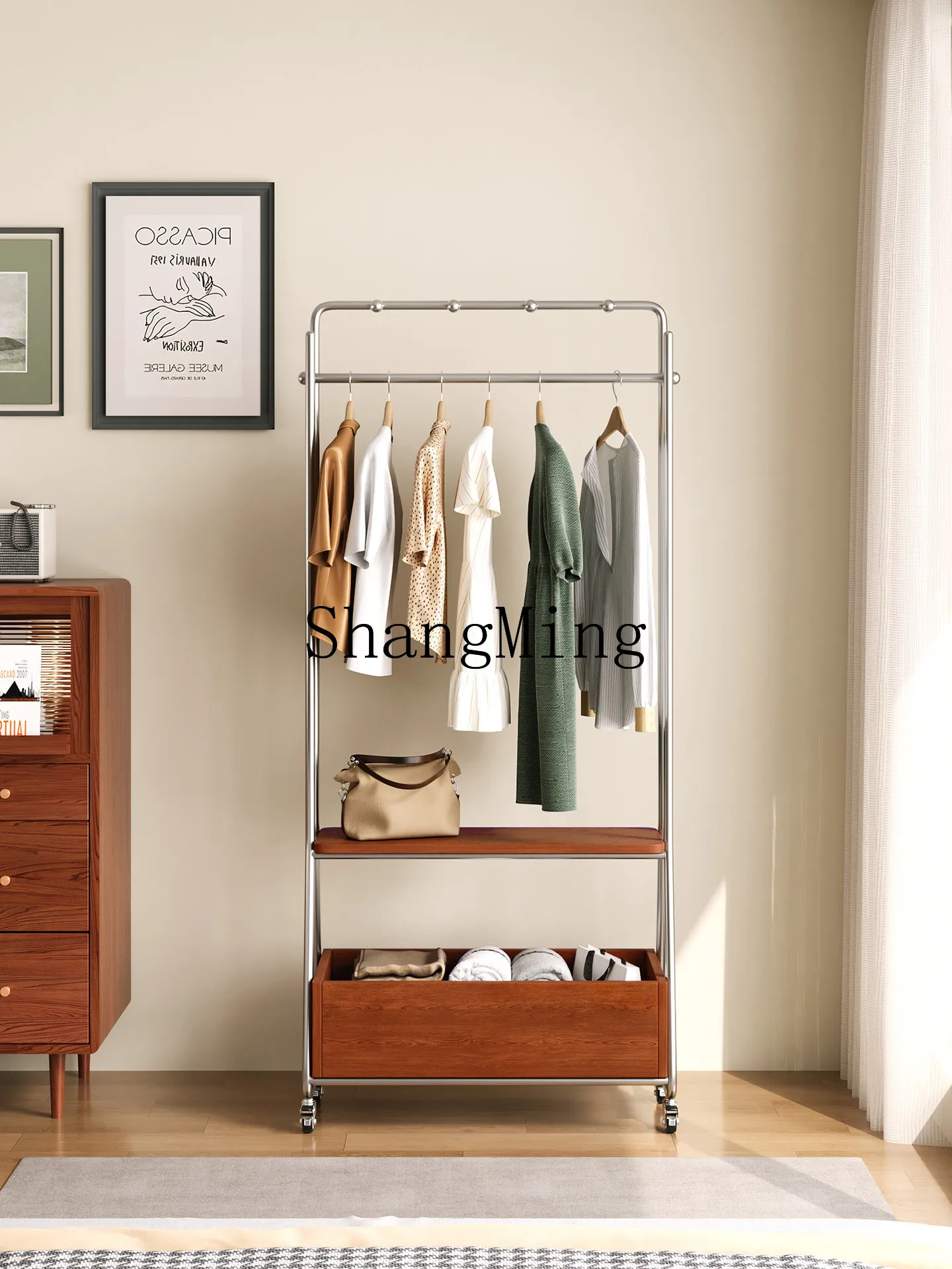 FG removable coat rack floor-to-ceiling household bedroom simple medieval solid wood stainless steel storage clothes rack