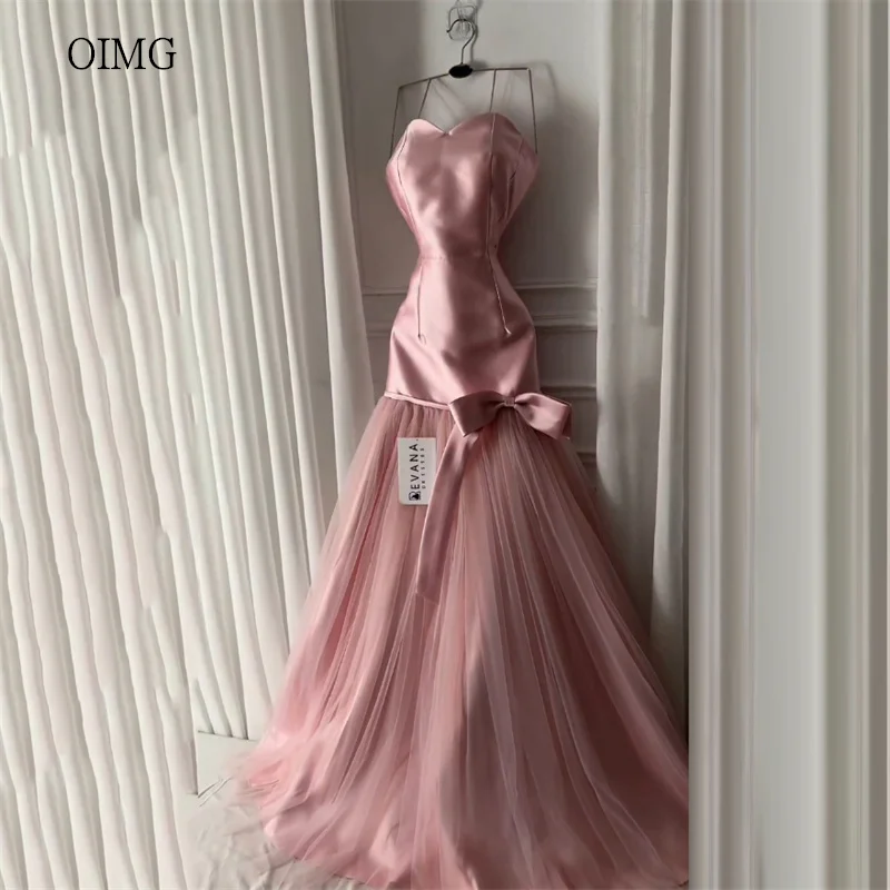

OIMG Blush Pink Strapless A Line Prom Gowns Bow Tulle Party Gown Floor Length Evening Dress vestido de fiesta Customized