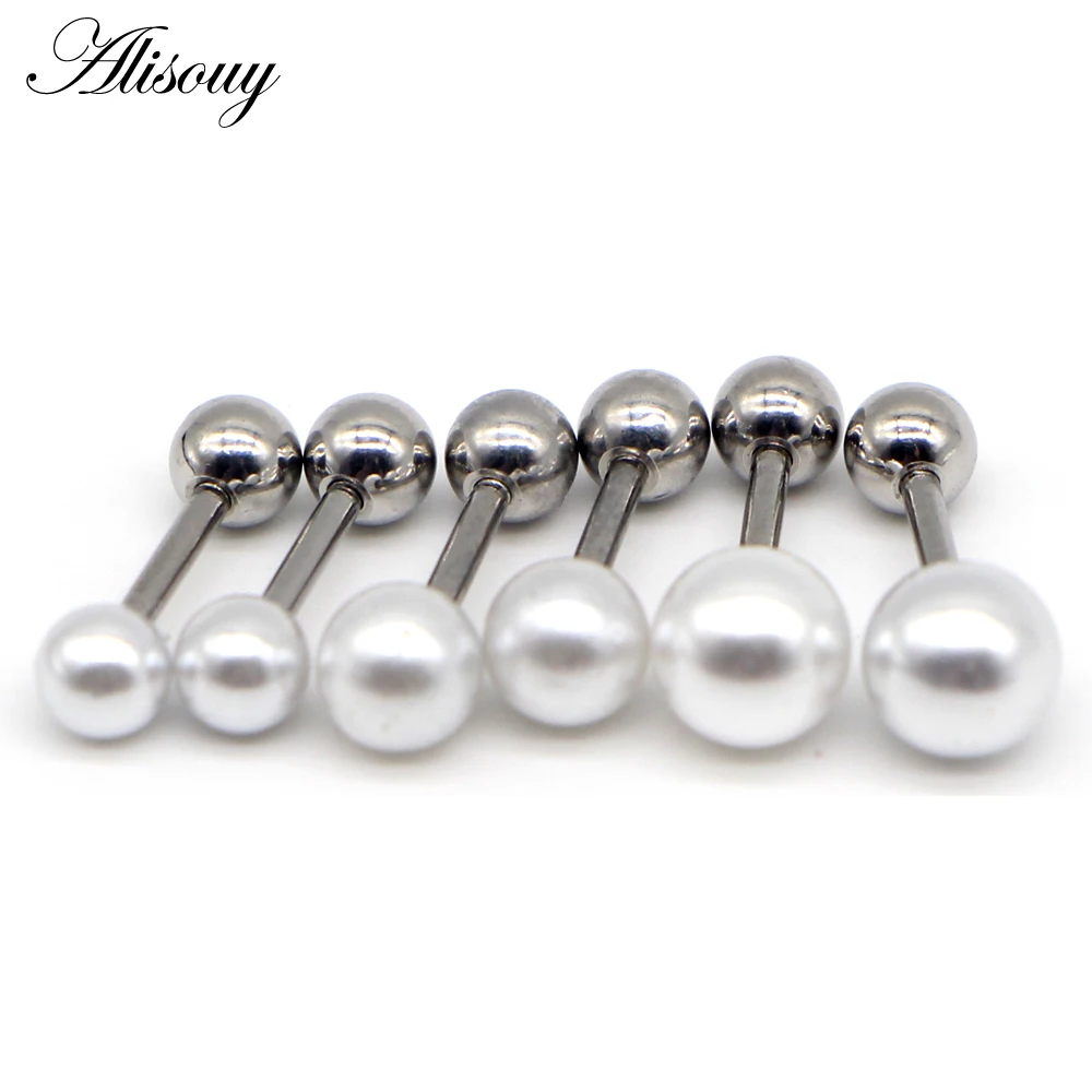 Alisouy 2 pieces 4/6/8mm Steel titanium Steel Pearl Ball Screw women stud Earrings Simple beauty screw-back earrings for women