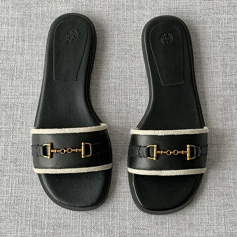 2024 New Mdutti Women Slippers Fashion Leather One Word Drag Flat Shoes Casual Versatile Sandals Slippers Female Chic sandalet
