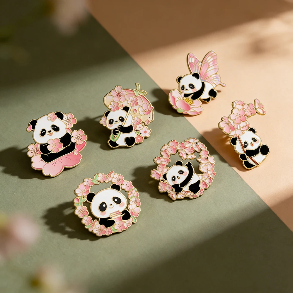 

6pcs Cute Cartoon Animal Enamel Brooches - Flower Panda Cherry Blossom & Butterfly Lapel Pins Metal Badges Jewelry Gift Set