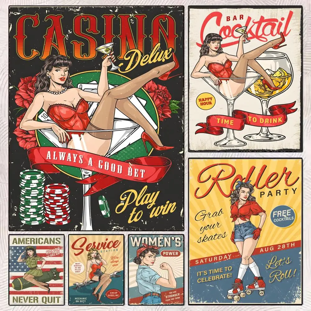 Beauty Pin Up Girl Painting Calligraphy Premium Cotton Canvas Art Poster for Coffee or House Elegant Wall Decor for Modern