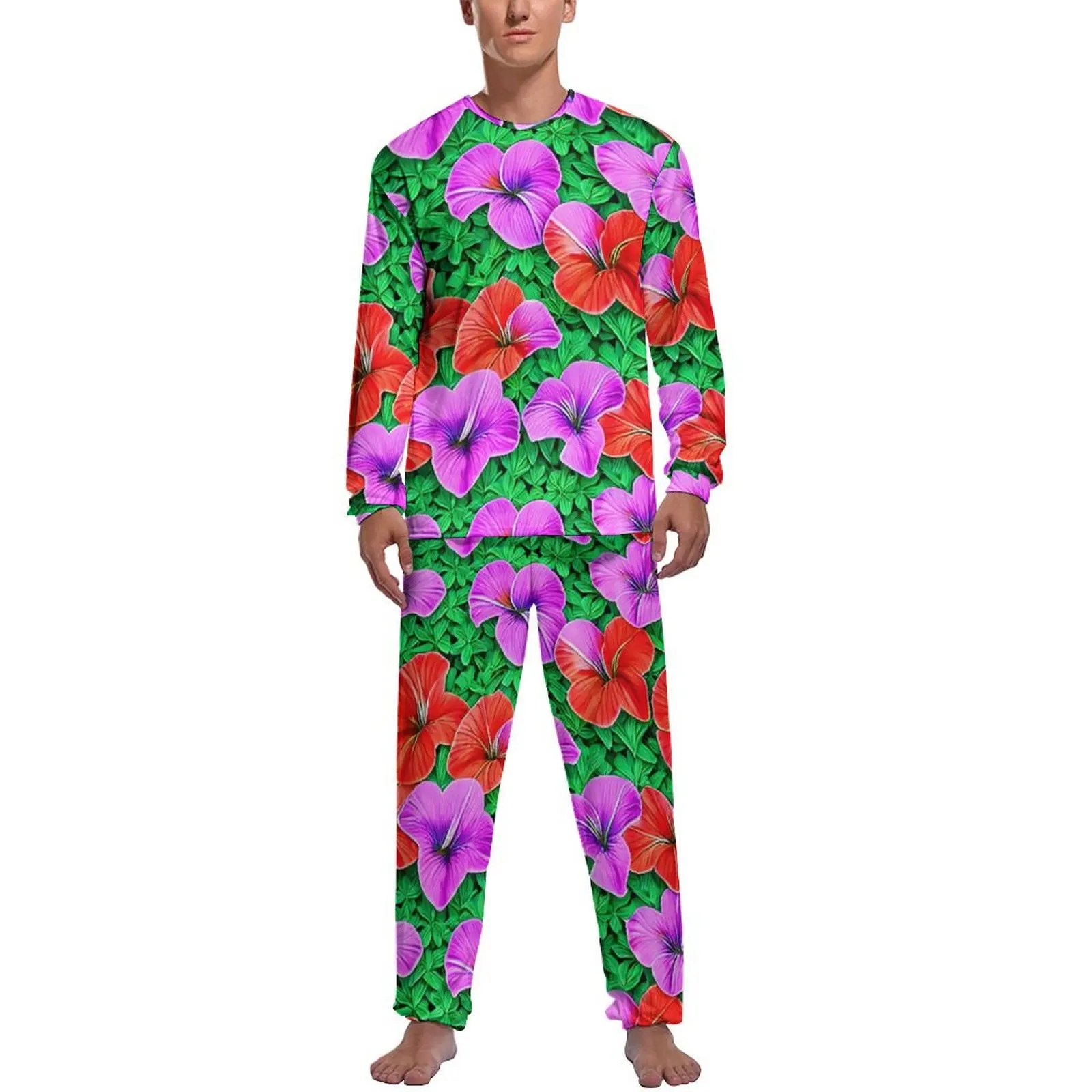 

Floral Print Pajamas Colorful Hibiscus Mens Long-Sleeve Elegant Pajama Sets Two Piece Casual Autumn Nightwear Birthday Gift