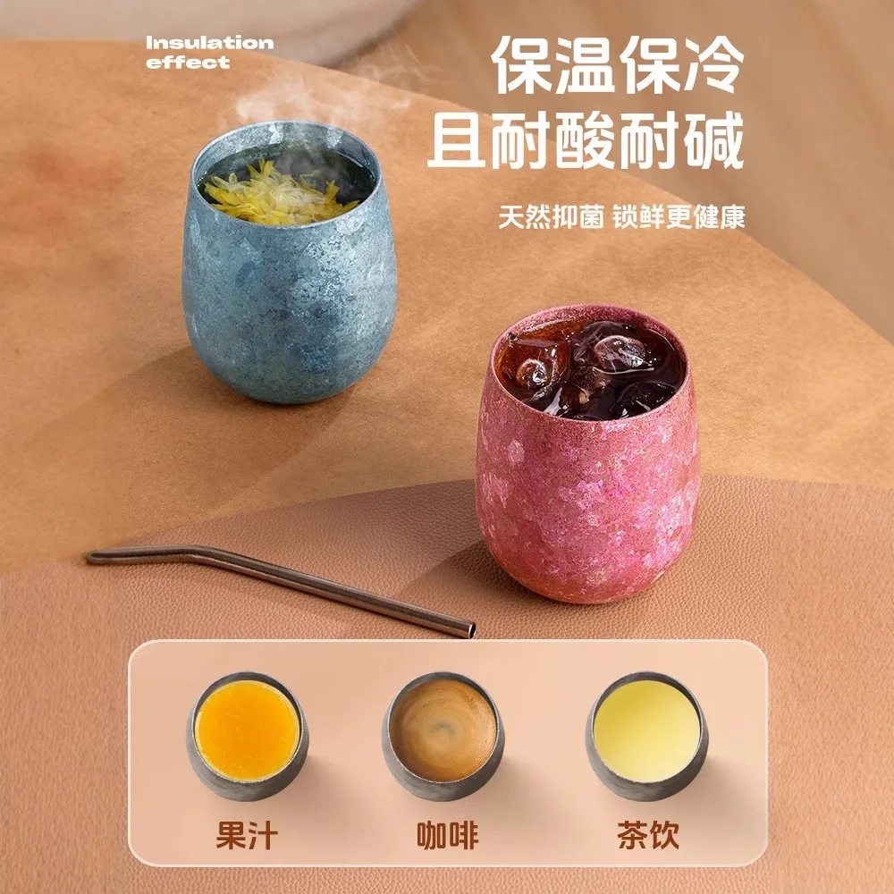 순수 티타늄 보온병, 단열 빨대 티타늄 컵, 대형 얼음꽃 이중층 맥주컵, 달걀껍질 티타늄 컵