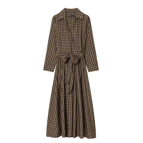 2025 New Women Fashion Plaid Shirt Collar Dress Long Dresses With Belt Chic Dresses Women Long Sleeve Casual Autumn Dress