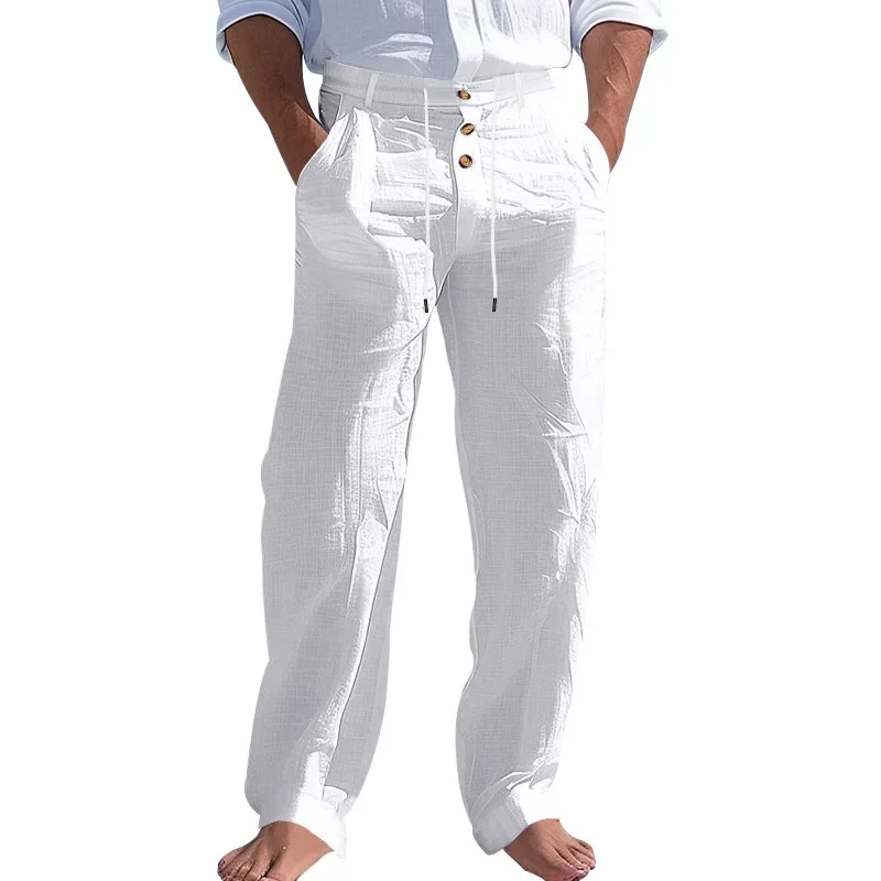 

Men's Casual Linen Pants 2025 Spring Summer Beach Style Comfortable Long Trousers Trendy Home Wear Button Detail Designer