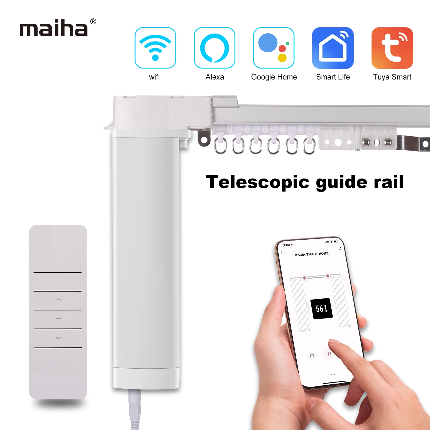 MaiHa Tuya Wifi Electric Smart Curtain Motor Motorized System Scalable 20cm Track Rod Intelligent Support Alexa Google Assist