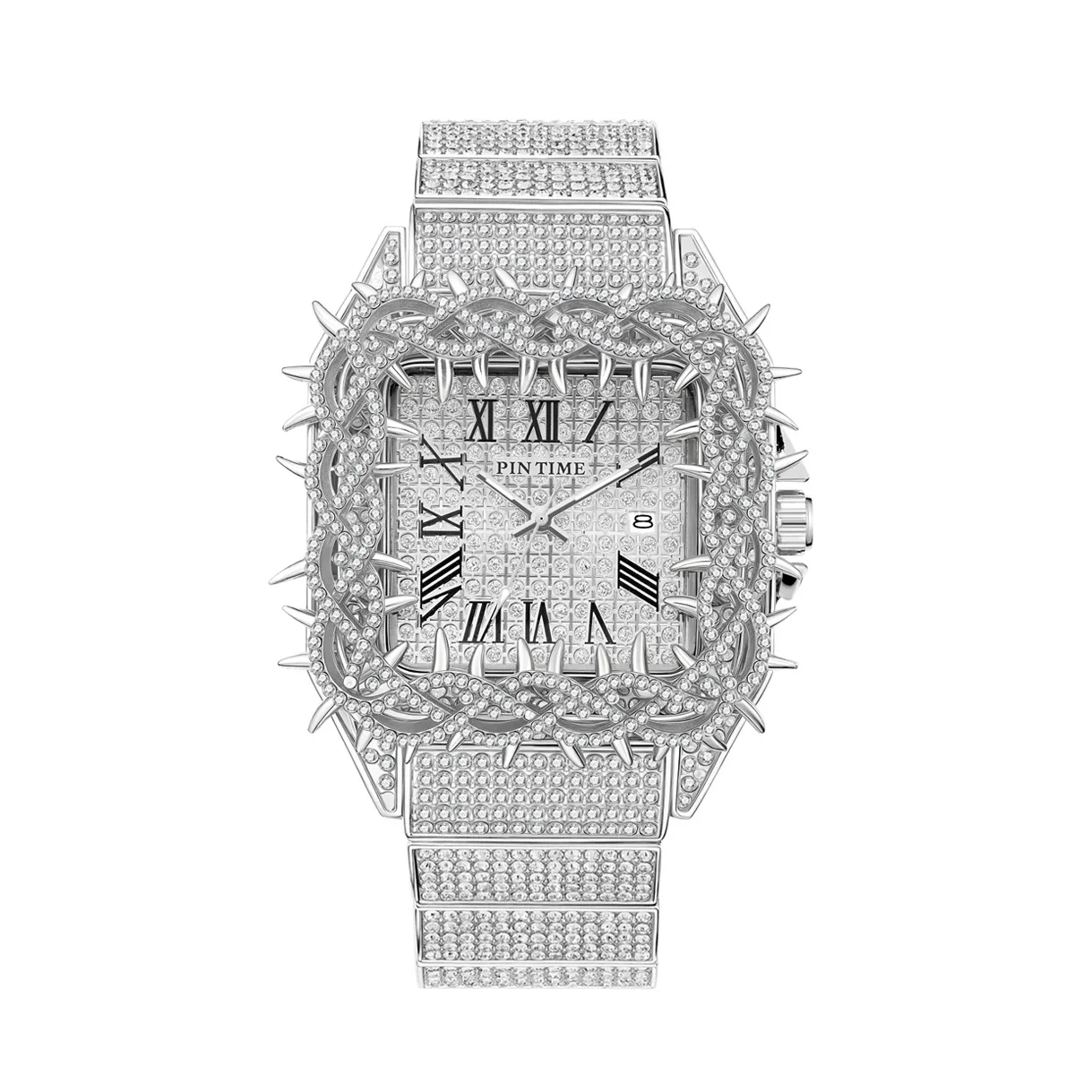 Iced Out Square Men Quartz Watch Thorn Bezel Full Diamond Stainless Steel Band Hip Hop Waterproof Male Wristwatches Reloj Hombre
