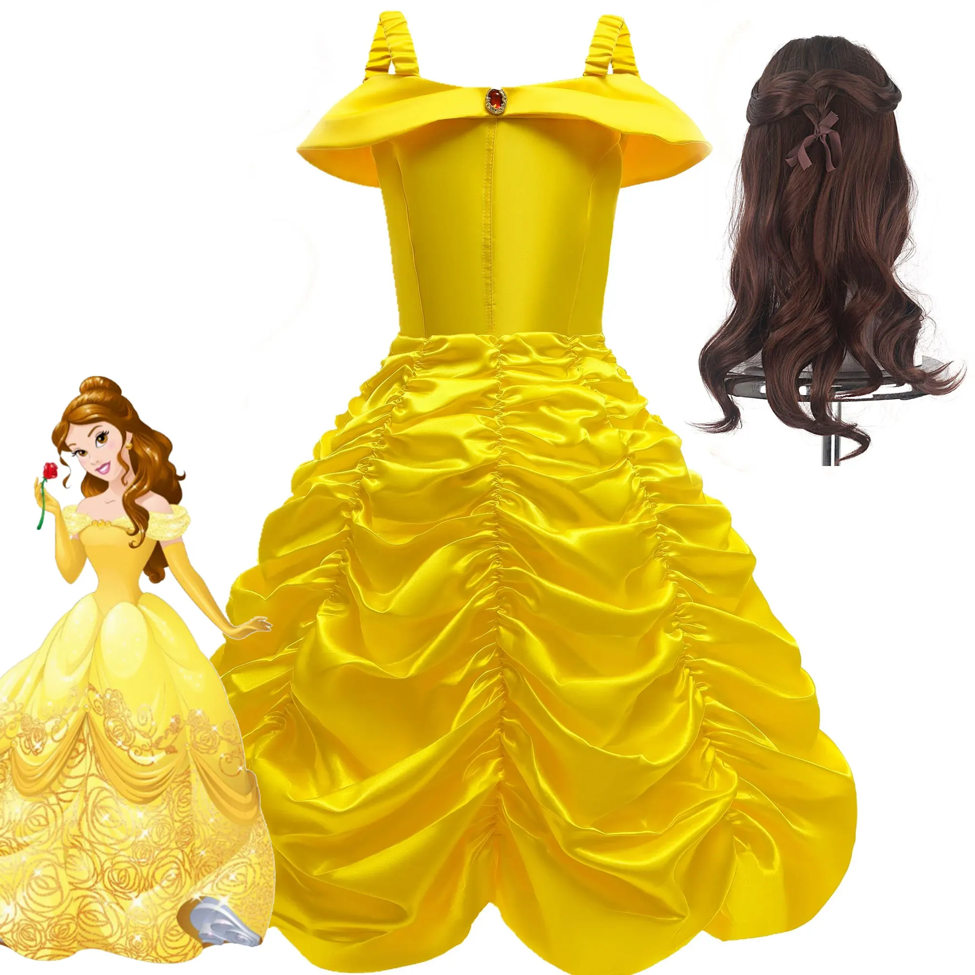 Schulter freie Prinzessin Belle Ballkleid gekräuselt Party kleid Mädchen Karneval Halloween Kinder schönheit und das Biest Cosplay Kostüm