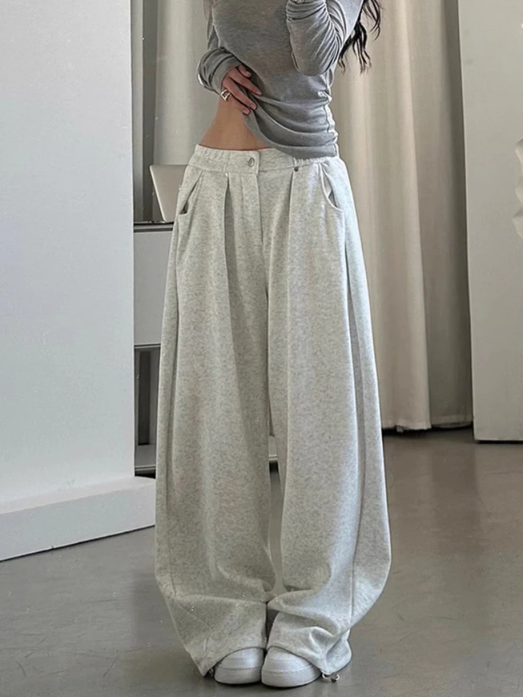 HOUZHOU American Retro Gray Sweatpants Women Casual Loose Wide Leg Pants Sports Female Oversized Trousers Streetwear All-match