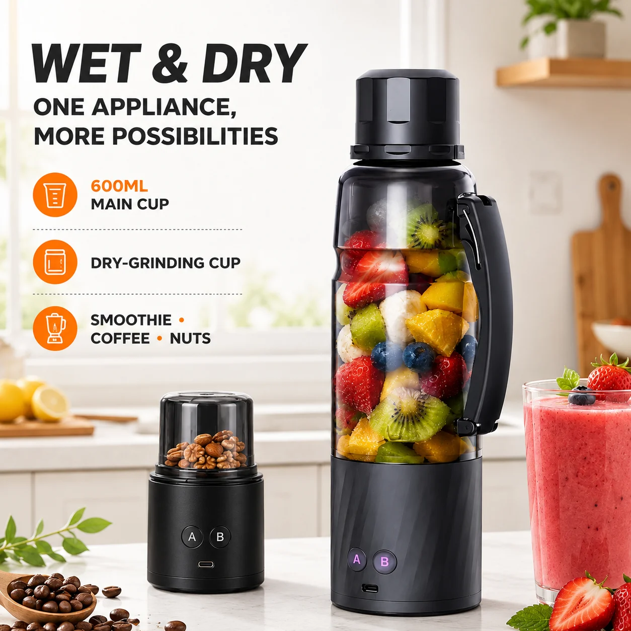 Blender High Power - Blender Portabel 6000mAh, Daya Puncak 370W,