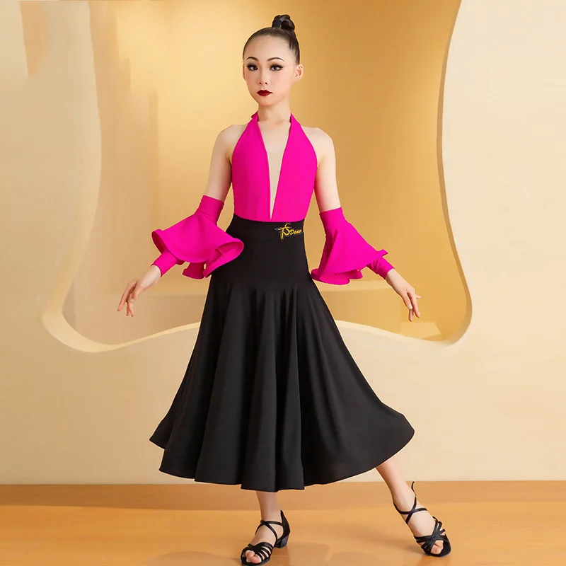New Kids Girls Ballroom Dance Clothes Rose Pink Tops Black Skirt Performance Costume Waltz Dance Dress Competition Dress BL13379