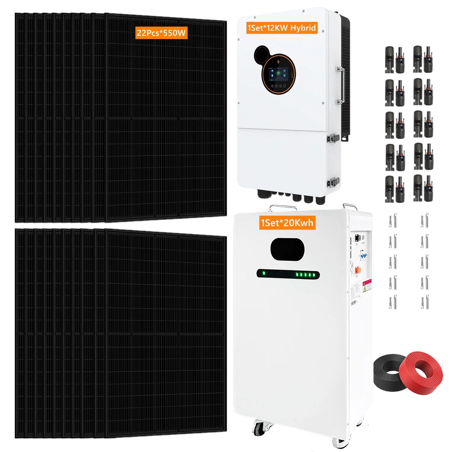 20KWH Hybrid Solar Power System Complete Kit with 22PCS*550W Solar Panel 1Sets*48V 12KW Hybrid Inverter 1Sets*20kwh Battery