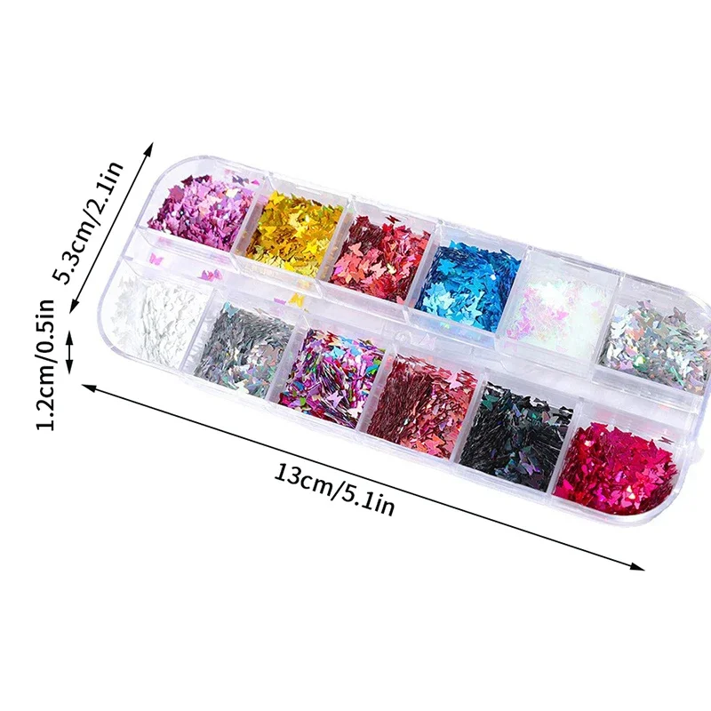 12 Grids/box Nail Enhancements Butterfly Sequins Ultra-thin Star Bow Shapes Glitter Gradient Nail Art Decorations Accessories