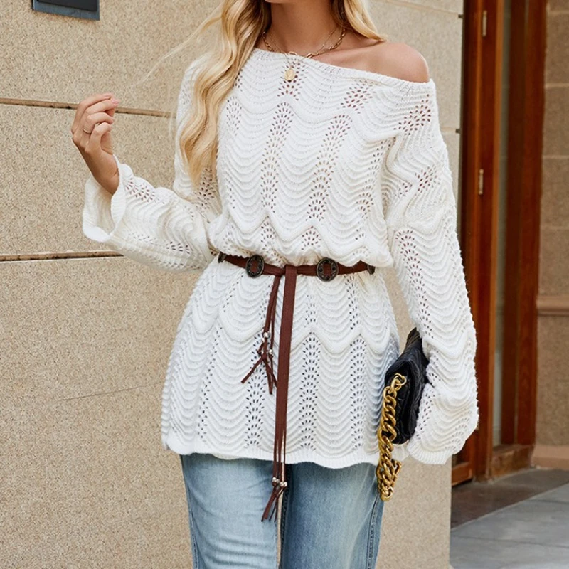 

Deeptown Elegant White Hollow Out Off Shoulder Women Sweaters Long Sleeve Skew Neck Korean Fashion Knit Pullovers Loose Casual