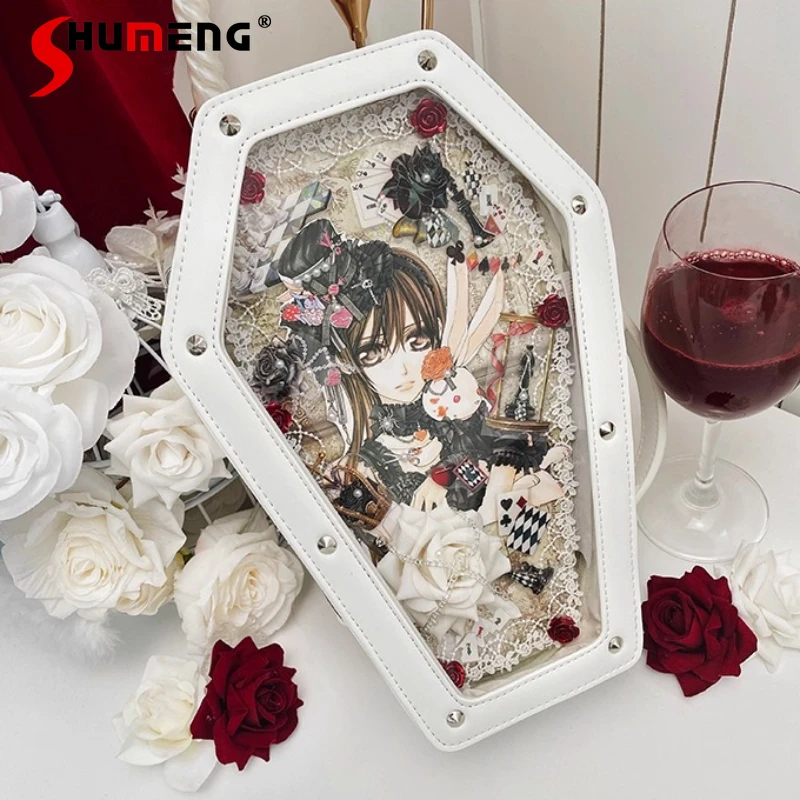 حقيبة يد للهالوين كوس باللونين الأبيض والأسود ثقافة فرعية على الطراز القوطي عبر سلسلة لوليتا حقيبة يد نسائية رائعة على الموضة حقيبة كروس