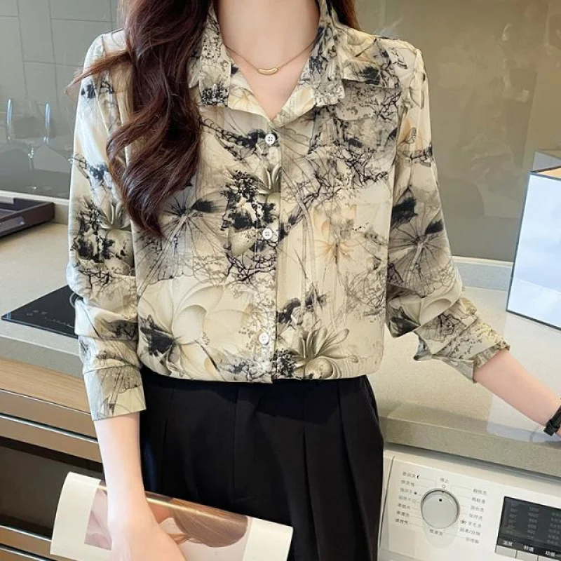 2025 Spring Elegant Chic Woman Shirts Lapel Print Blouse Femme Long Sleeve Shirt Women Blouses Korean Style Ladies Tops