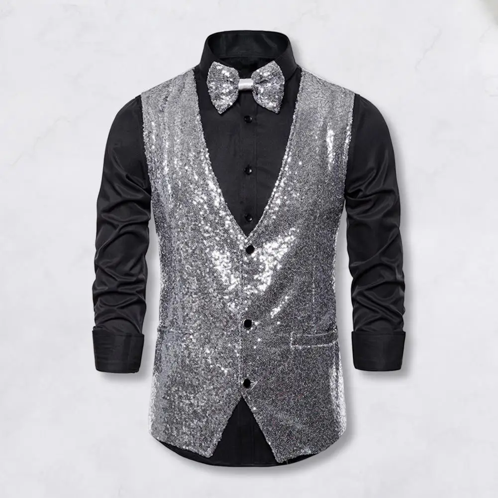 

Men Suit Vest V-Neck Sleeveless Single Breasted Stage Show Waistcoat Pockets Slim Fit Shiny Sequins Bow Tie Weddings Proms Vest