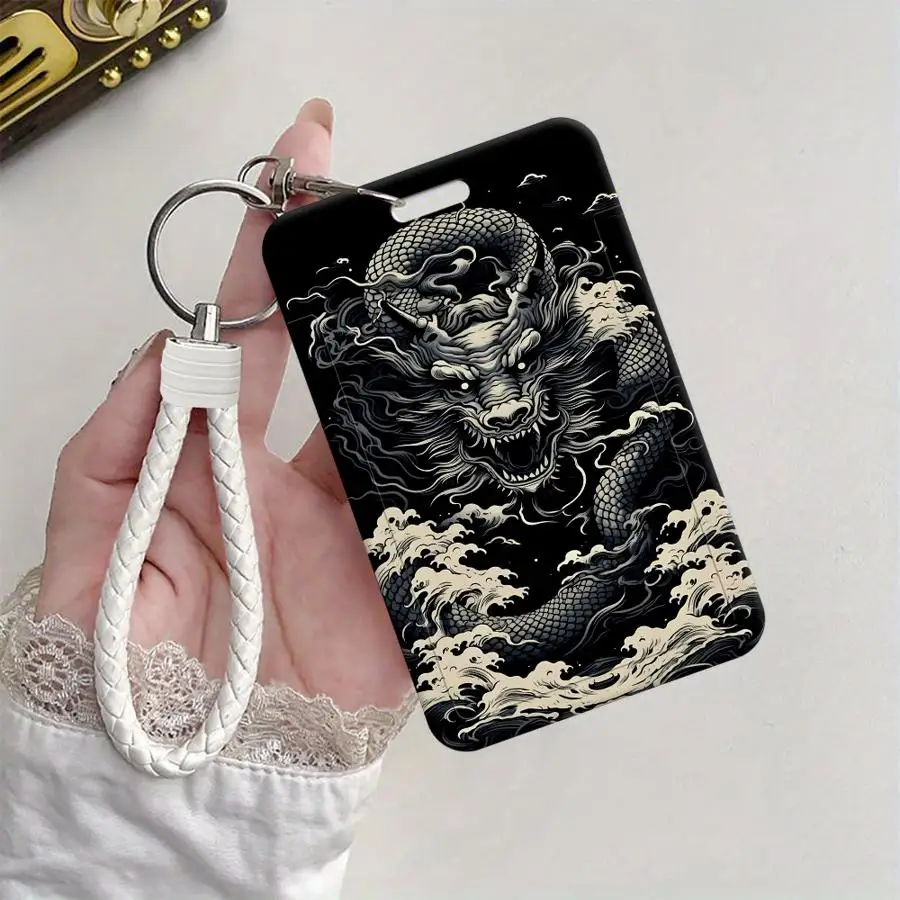 Wave Dragon Art 1Pc Card Holder Retractable Credit Card Holders Holders Child Bus with lanyard Bank ID Badge Cover Case