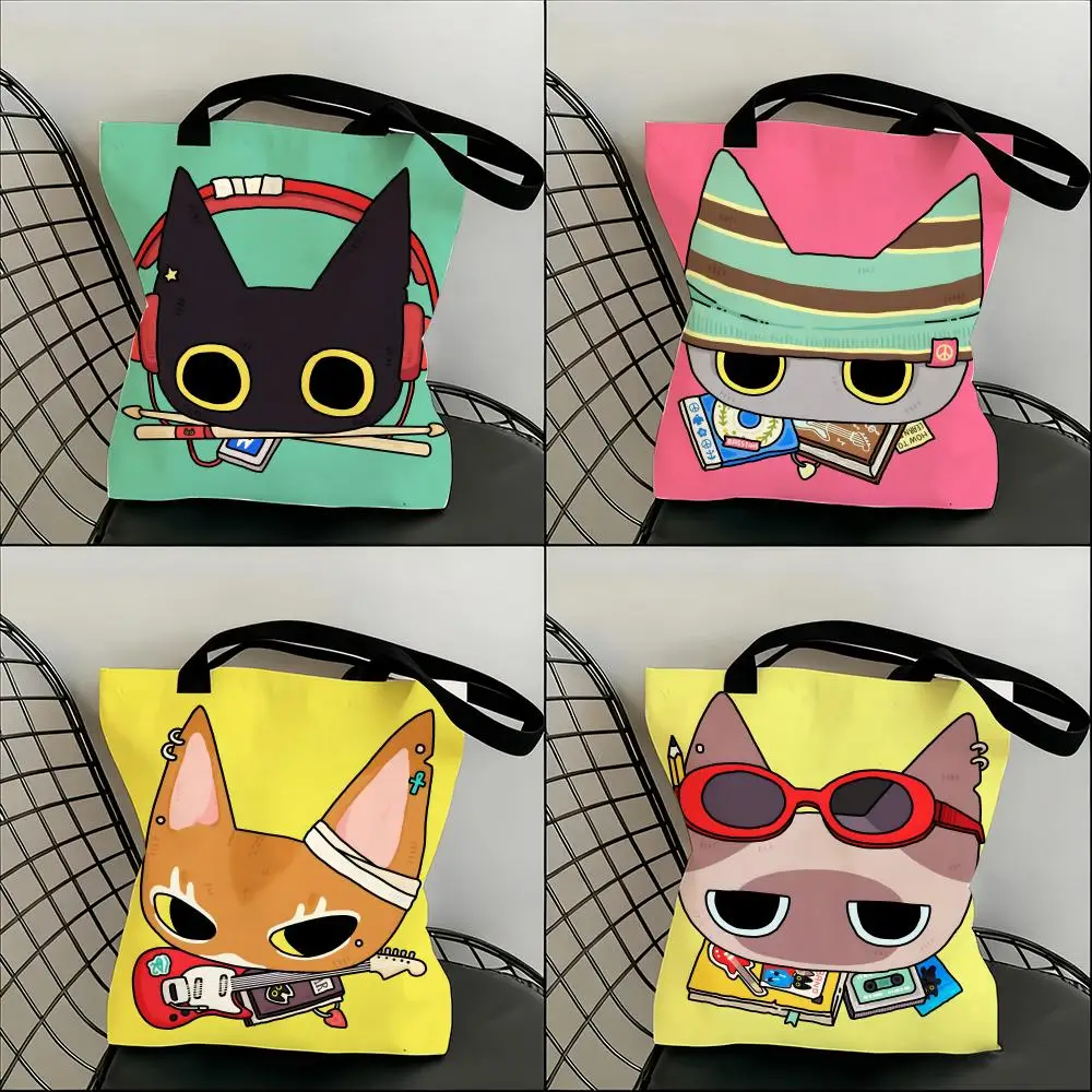 

Cute Cat Band Illustrations Storage Bags Lightweight Canvas Shoulder Shopper Fashionable Eco Multi Use Tote with Large Capacity