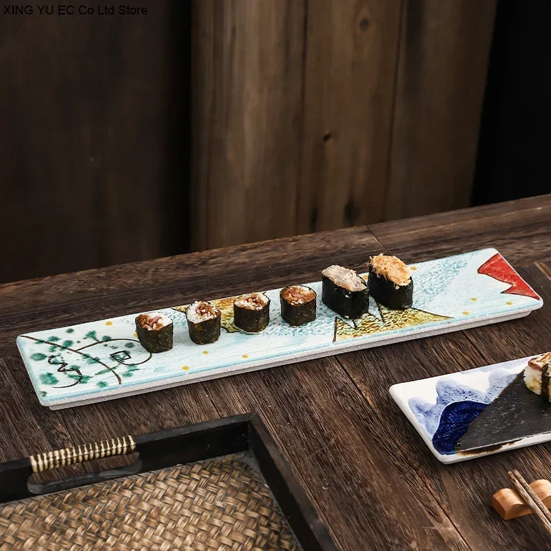 Creative Ceramic Plate, Rectangular Sushi Plate, Seafood and Sashimi Display Plate, Snacks, Cake, Tableware, 17.75 Inches