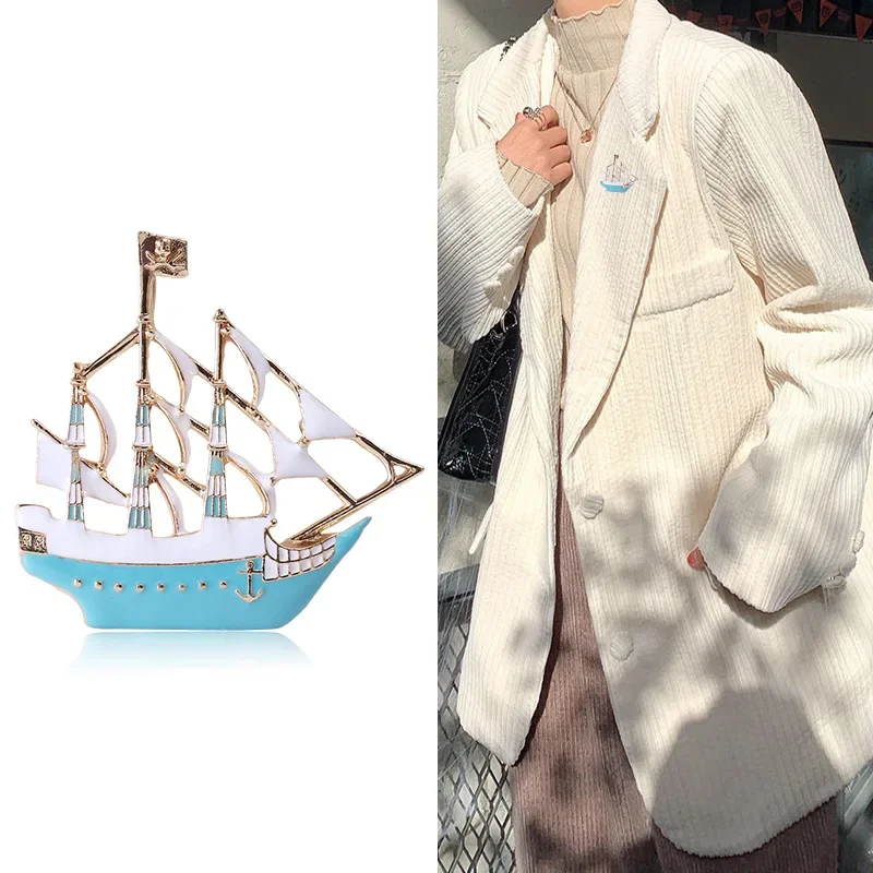 Dmari Women Brooch Vintage Enamel Sail Boat Caribbean Pirate Ship Lapel Pin For Suit Women Clothing Luxury Accessories Jewelry