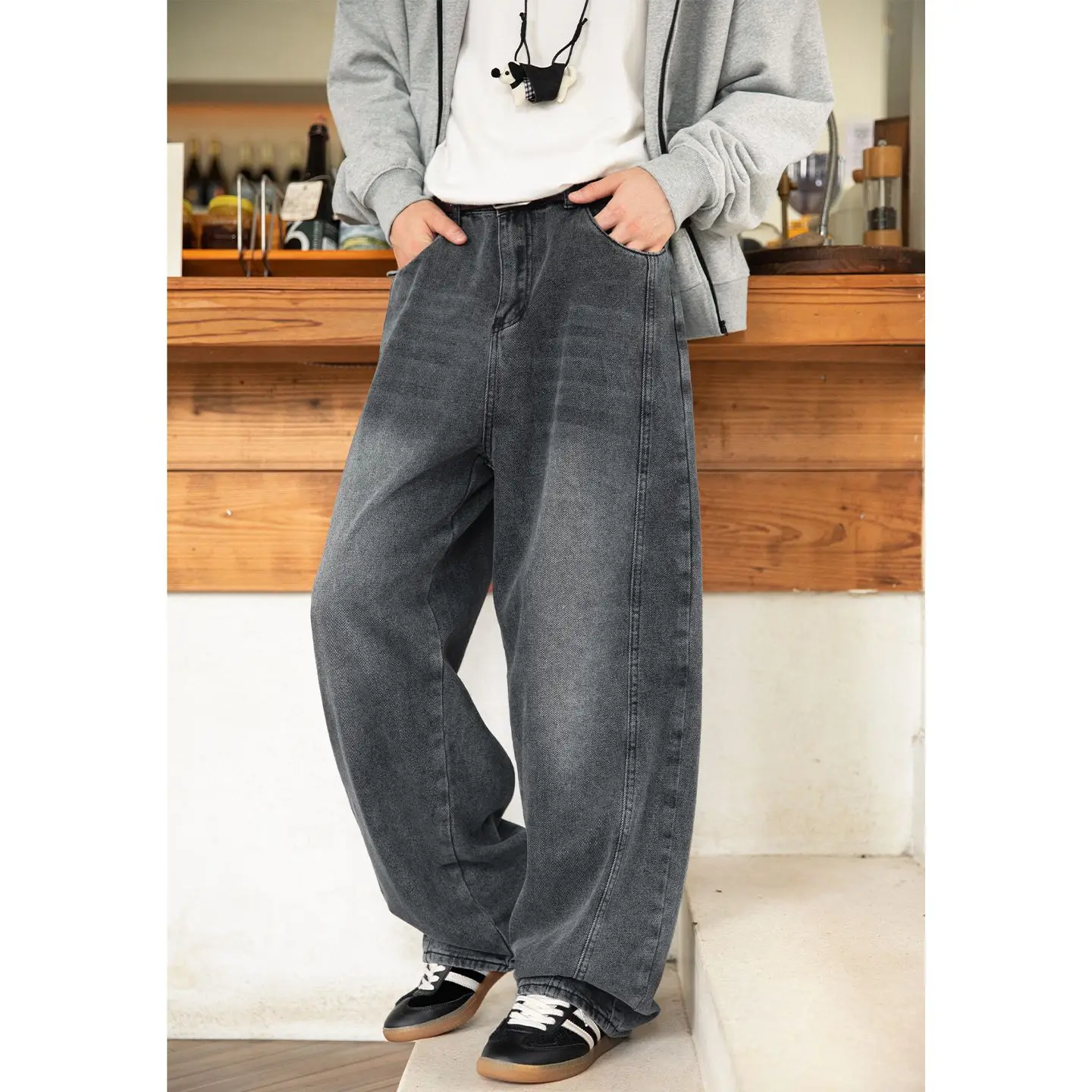 American Retro Splicing Autumn New Straight-leg Loose Men's Baggy Wide-leg Jeans High Street Y2K Elastic Waist Denim Trousers