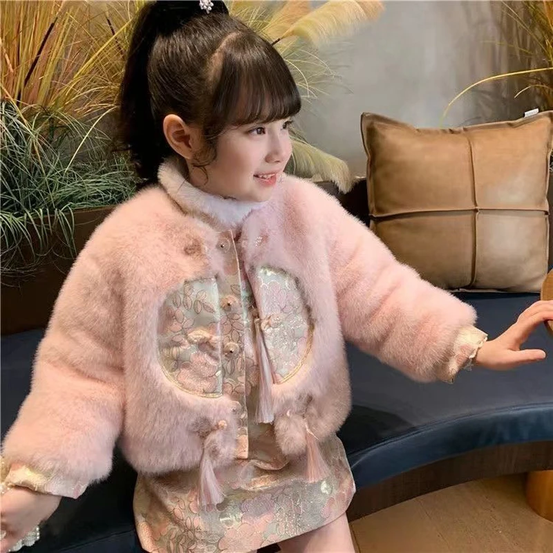 Children Elegance Winter Girls Clothes Set Retro Artificial fur Pink Cheongsam Coat Jacket+Embroidery Sundress 2Pcs Suits Kids