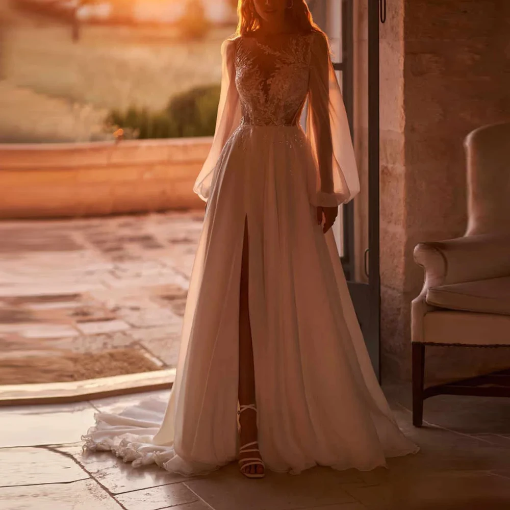 

Customized Wedding Dress A-Line With Appliques Side High Split Bride Gown Vestidos De Novias with Pufy Sleeve