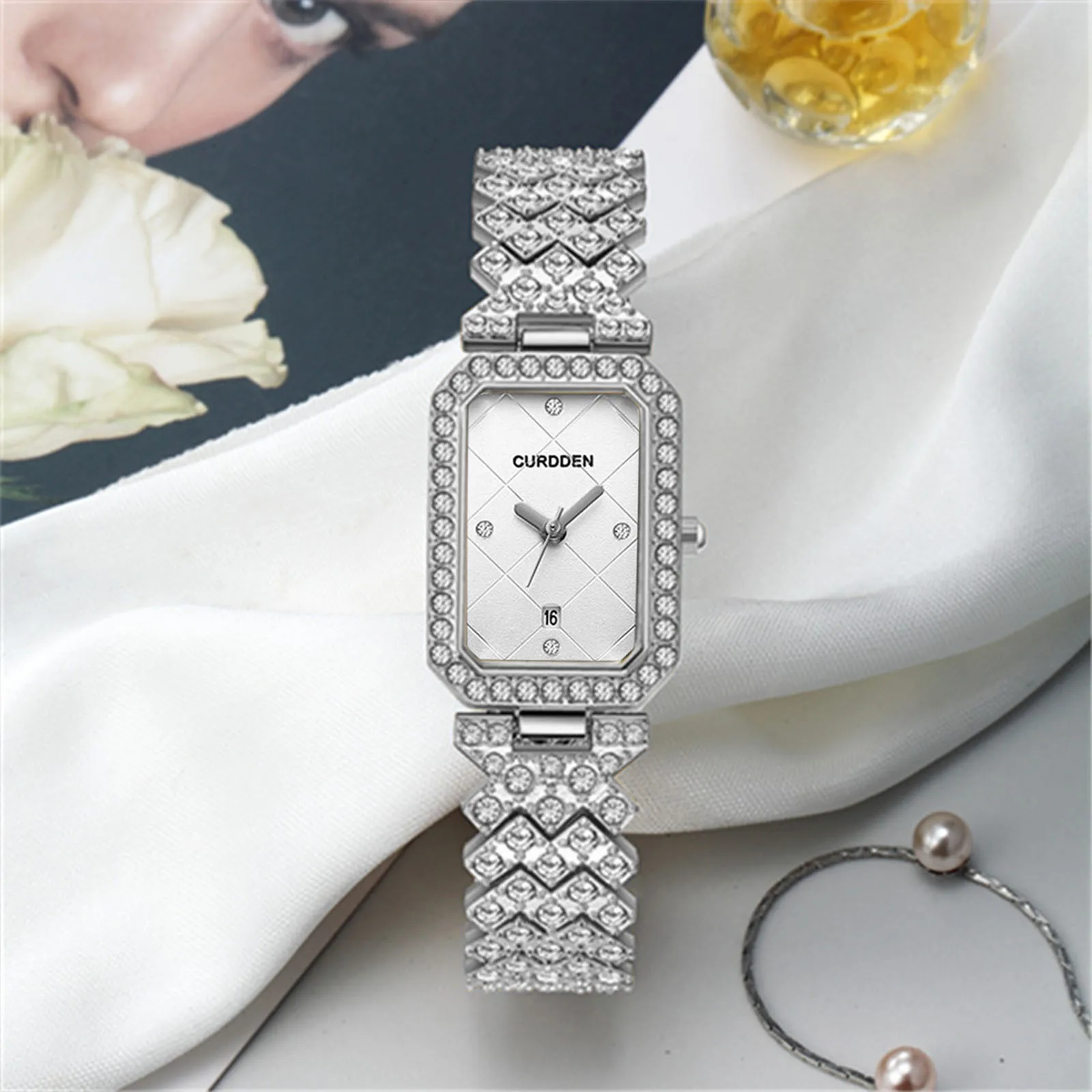 Women\'s Fashion Luxury Exquisite Full Diamond Casual Versastile Alloy Stainless Steel Band Strap Watch Rectangular Dial Wrist