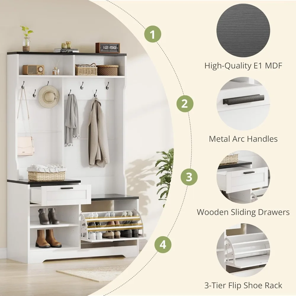 شجرة القاعة مع مساحة تخزين للأحذية، رف معطف خشبي منظم للمدخل مع 7 خطافات للباب الأمامي (كسب الخشب الأسود)