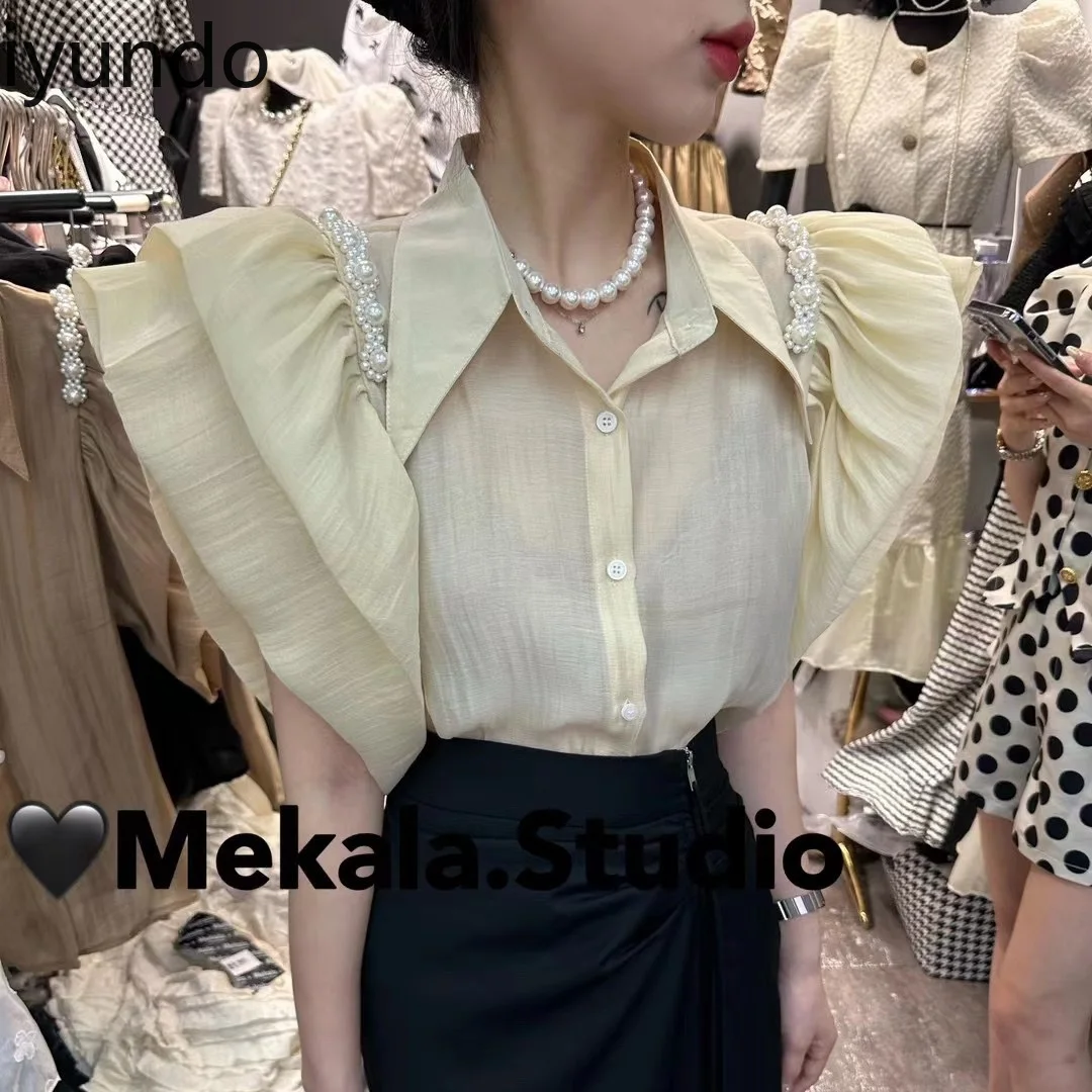 

Elegant Diamond Embroidered Puff-Sleeve Bow-Tie Blouse for Women - Summer 2025 Luxury Party Office Casual Top