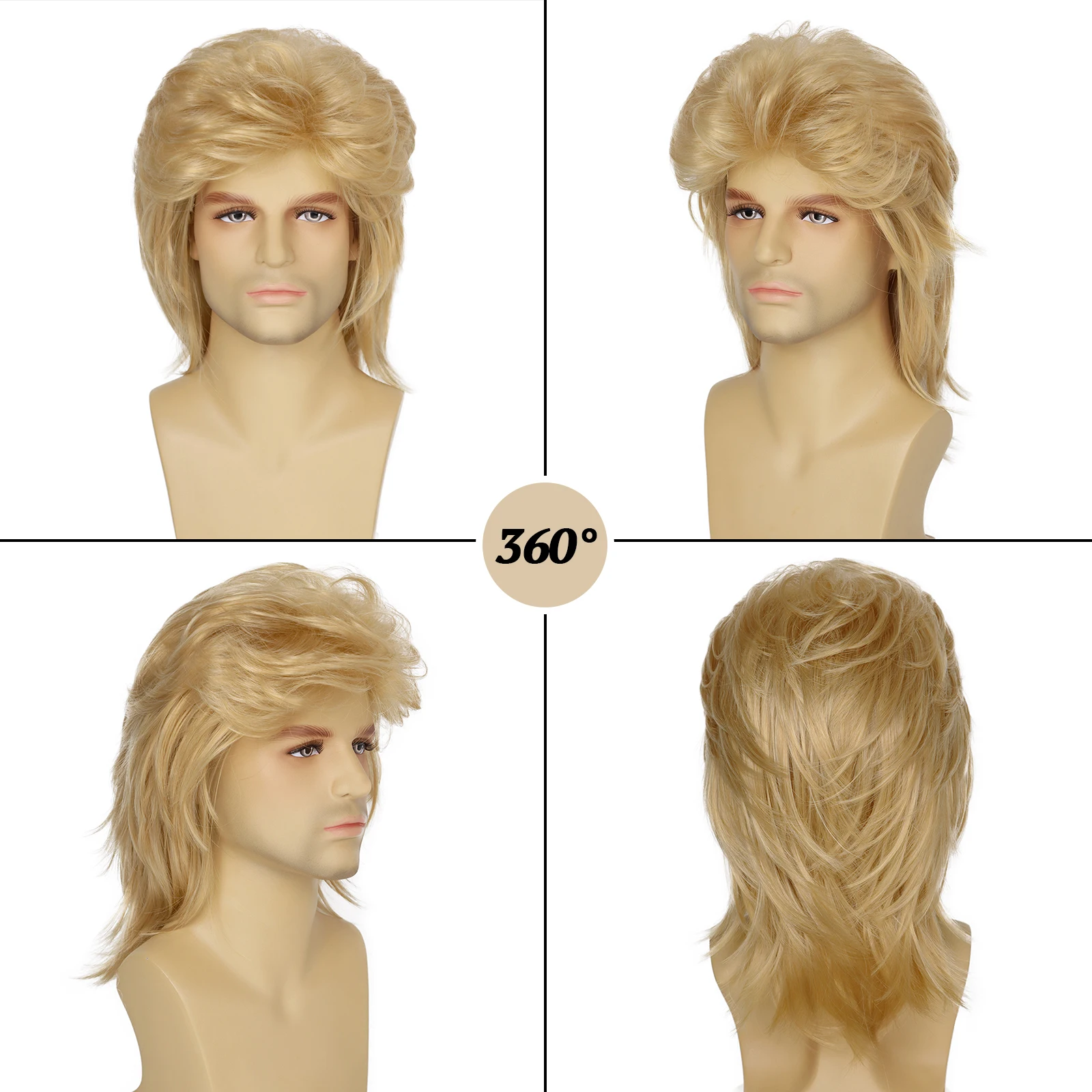 Mullet Peruka dla Mężczyzn 70s 80s Kostium Fancy Party Peruka Długa Blond Kręcona Punk Rocker Peruka Syntetyczne Kostiumy Halloween dla Mężczyzn