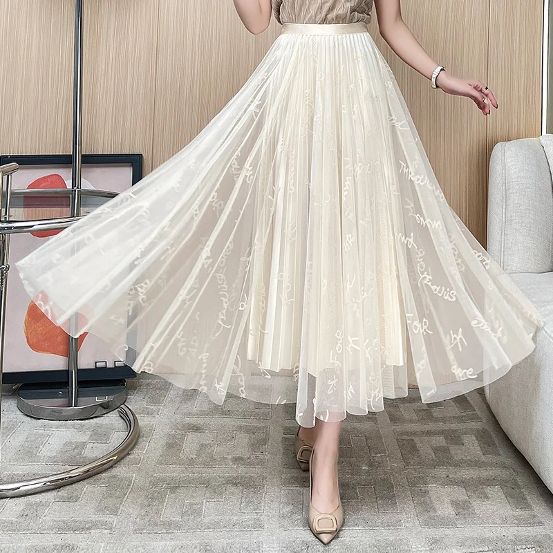

Double Side Wears Skirts Womens 2022 Spring Summer High Waist Floral Pleated Tulle Skirt Long Mesh Black Skirt Harajuku