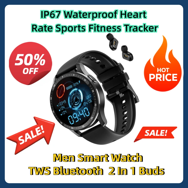 

IP67 Waterproof Heart Rate Sports Fitness Tracker Men Smart Watch TWS Bluetooth 2 In 1 Buds