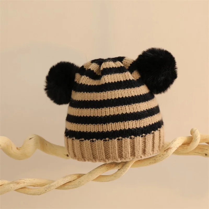 Children'S Double Ball Striped Color Blocked Knitted Hat Cute Plush Ball Soft Thick Striped Bean Warm Girls and Boys Winter Hat