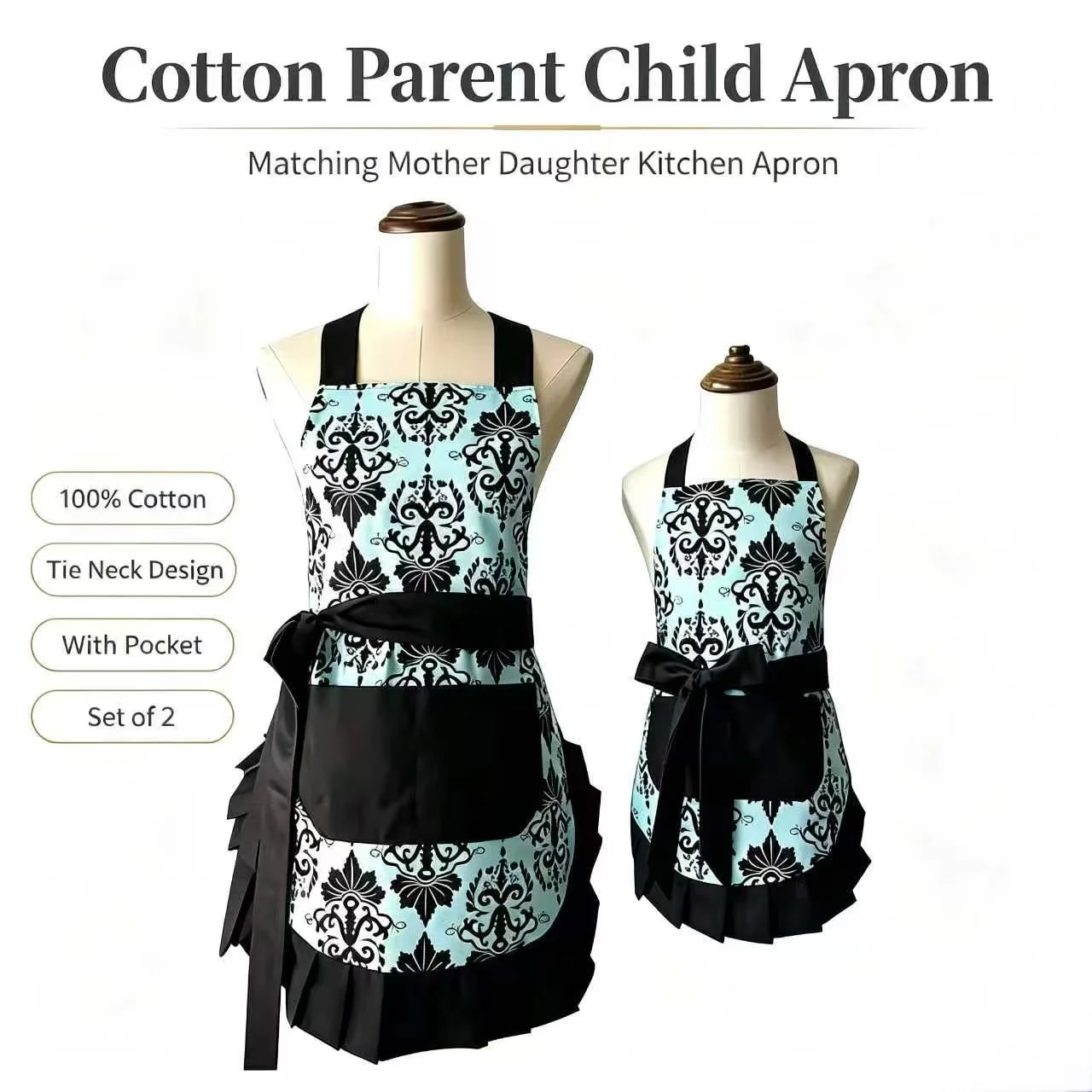 Blue Damask Print Matching Mother Daughter Cotton Apron Set Tie Neck Ruffled Kitchen Apron With Pocket Parent Child Cooking