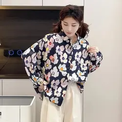 Harajuku Fashion Large Size Blouses Women Japan Style Loose Long Sleeve Navy Blue Floral Shirts Button Blouse Tops