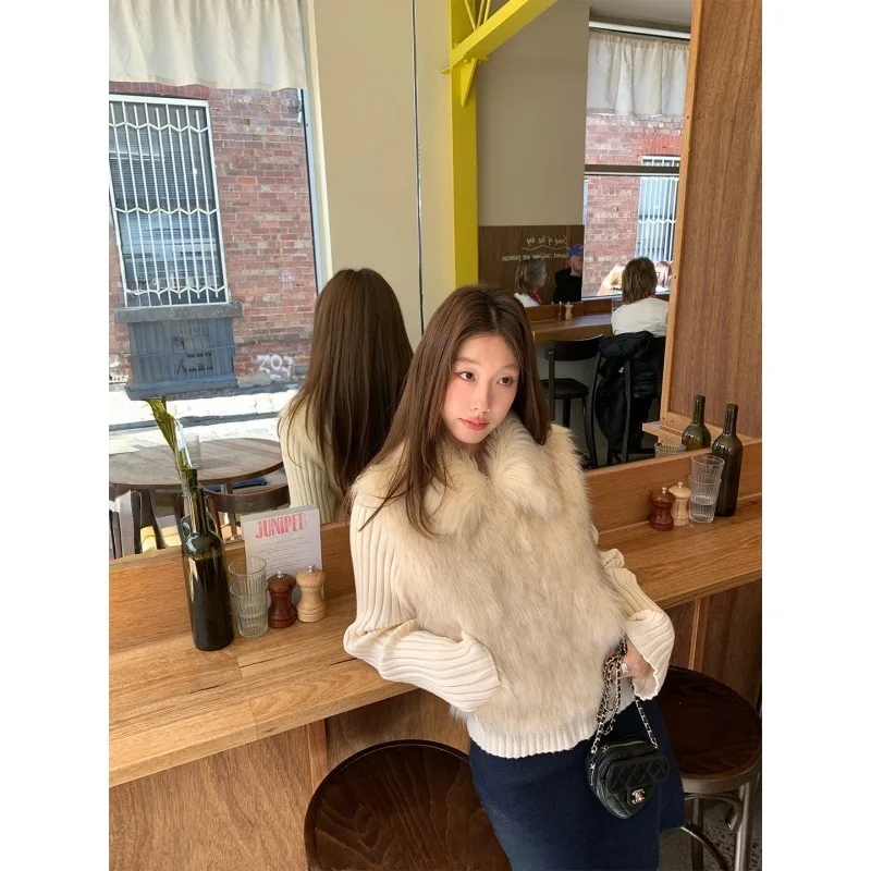 

Women Faux Fur Coat 2025 New Women's Fur Knitting Patchwork Cardigan Coat Lapel Knit Paneled Thick Warm Outerwear